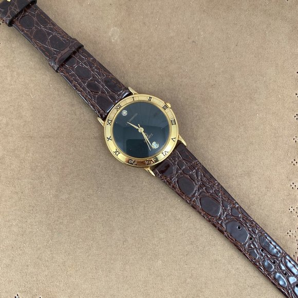 Vintage JB Champion Gold High Dome Crystal Watch  Diamond Date  Brown Strap - Picture 4 of 6